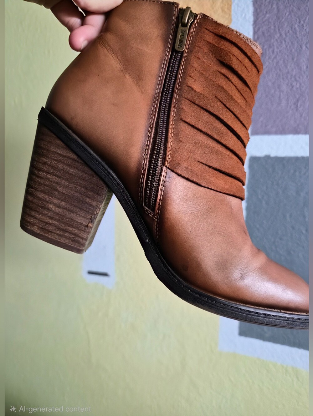 PIKOLINOS Tan Leather Fringe Ankle Boot with Side Zip